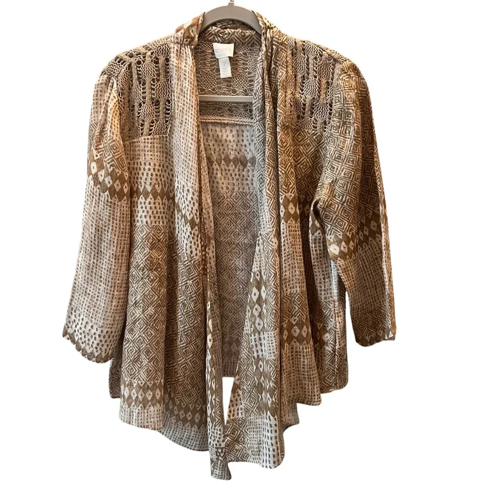 Chicos Linen Open Front Cardigan Tan Size 2 (L/XL) Kimono Boho Lagenlook Relaxed